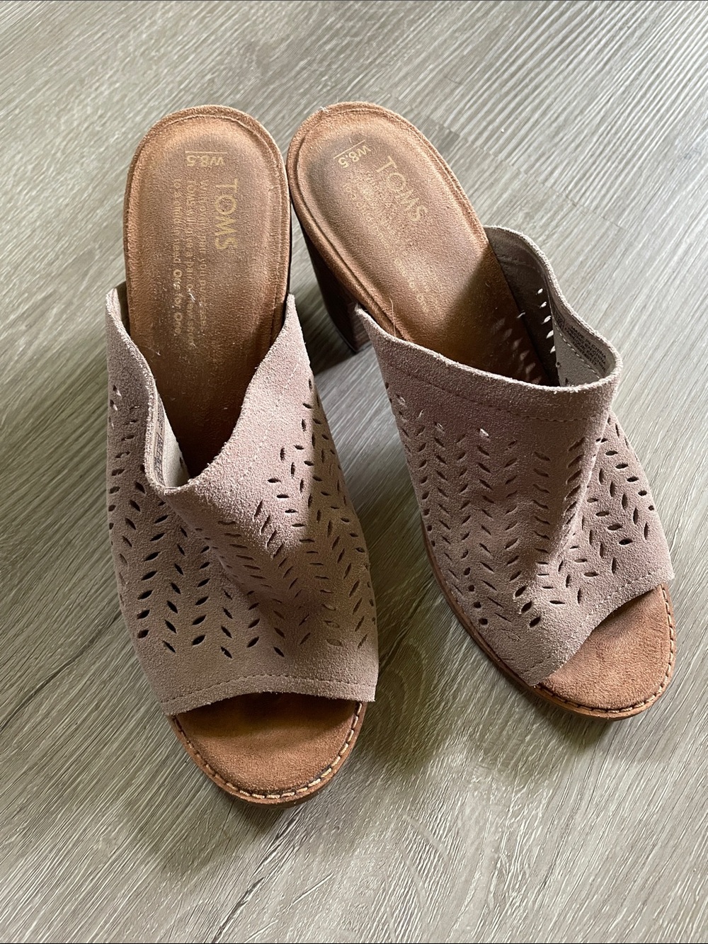 Toms Taupe Suede Laser-Cut Peep-Toe Heeled Mules